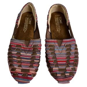 TOMS Womens Woven Huarache Flats Size 5.5 Boho Brown Red Blue Slip‎ On